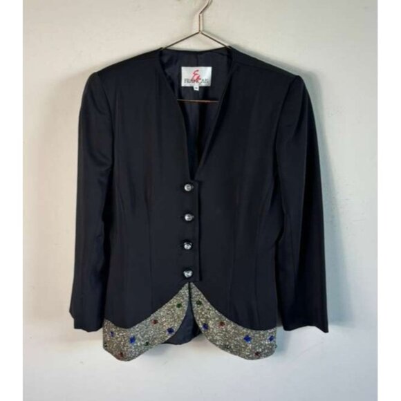 En Francais by Huey Waltzer Vintage Beaded Black Blazer Jacket Curved Hem Size 8 - Picture 1 of 10